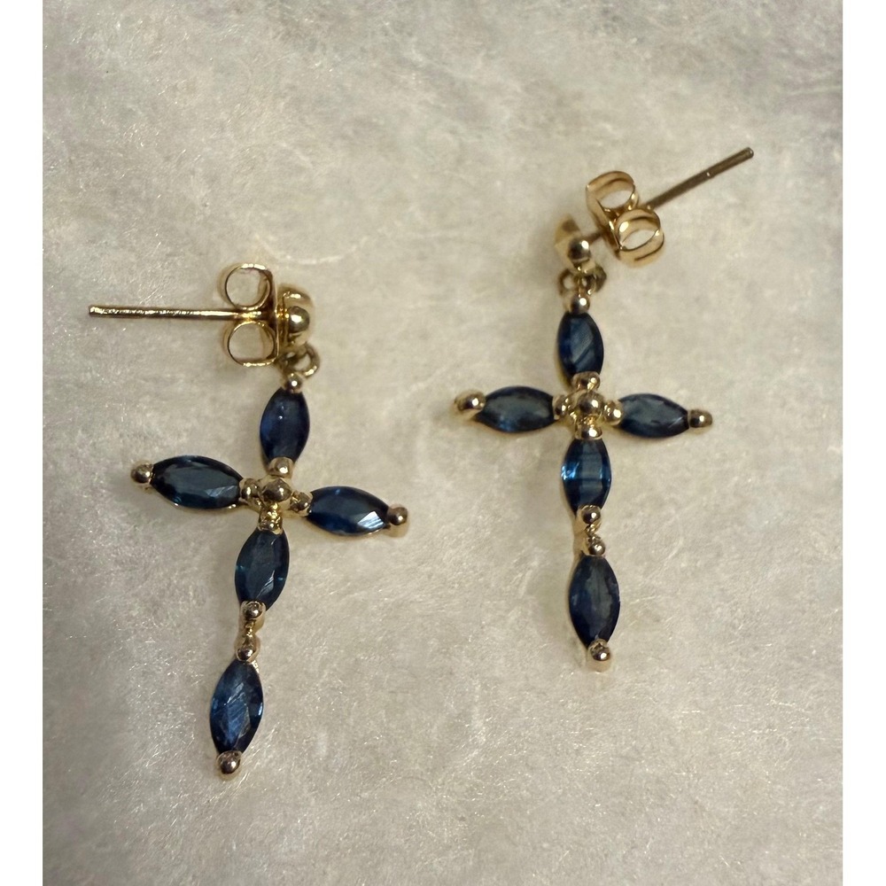 14k Gold & Blue Sapphire Cross Earrings